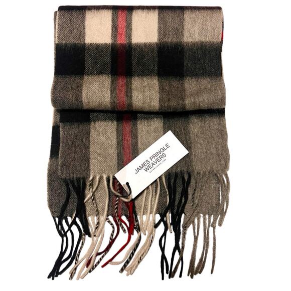 JAMES PRINGLE WEAVERS Long Scarf 100% Wool NEW Black & Red Plaid Tartan Scotland - Picture 1 of 5